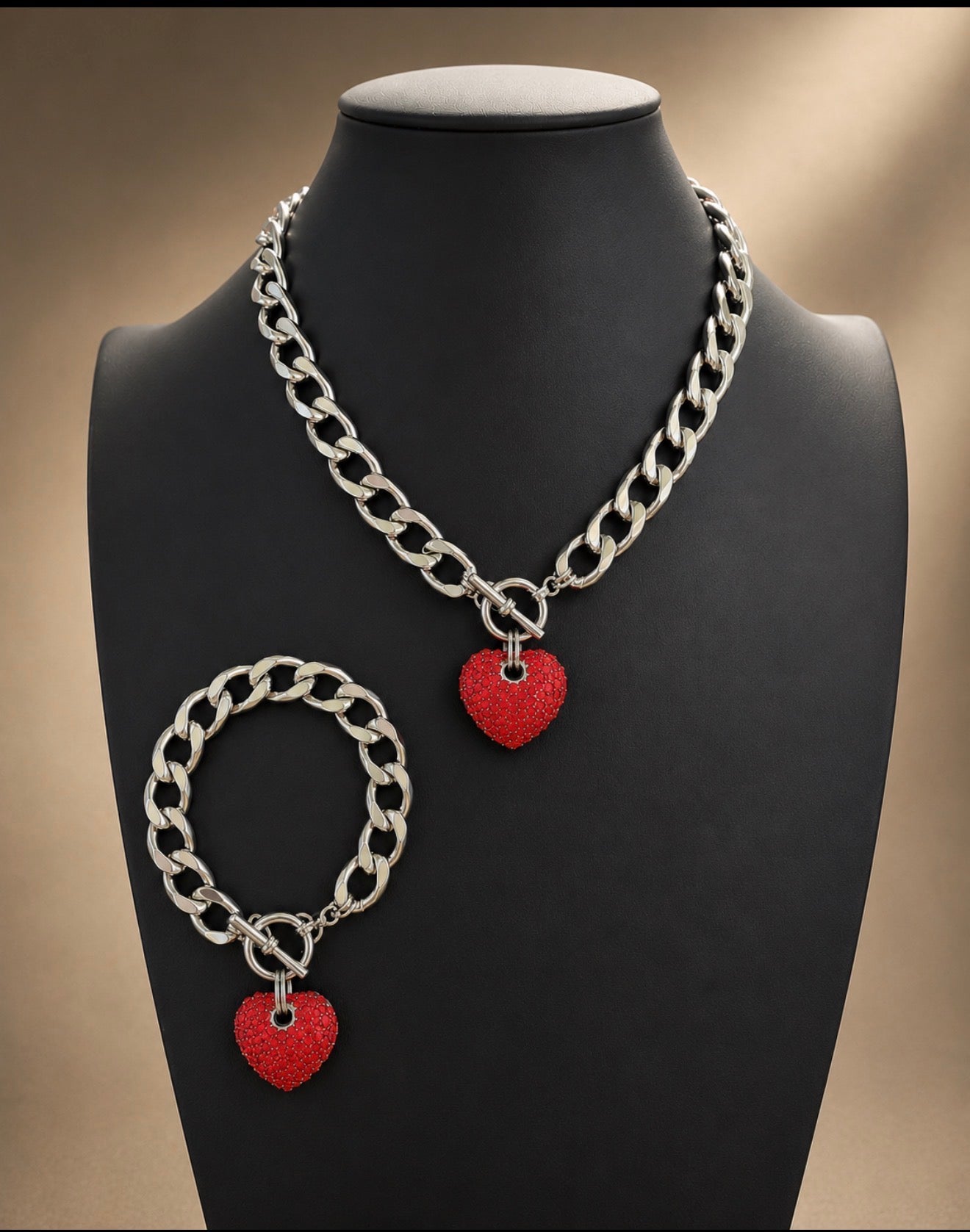 Silver and Red Heart Cuban Link