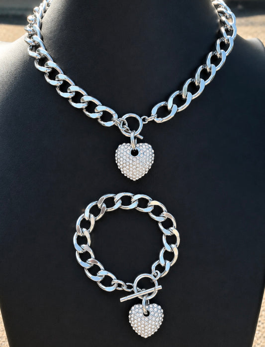 Silver Cuban Link Heart Lux Set